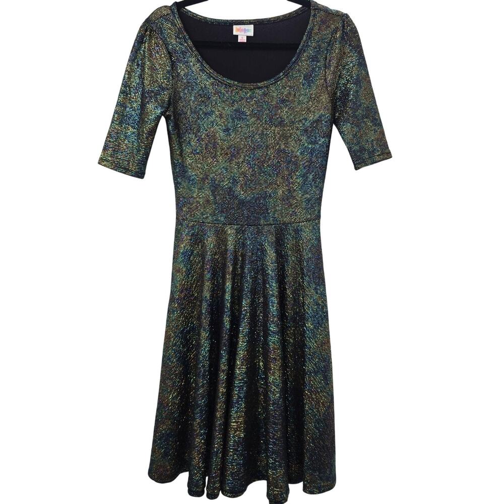 LuLaRoe Dress Small Mermaid Metallic Fit Flare Party Sparkle Nicole Rainbow